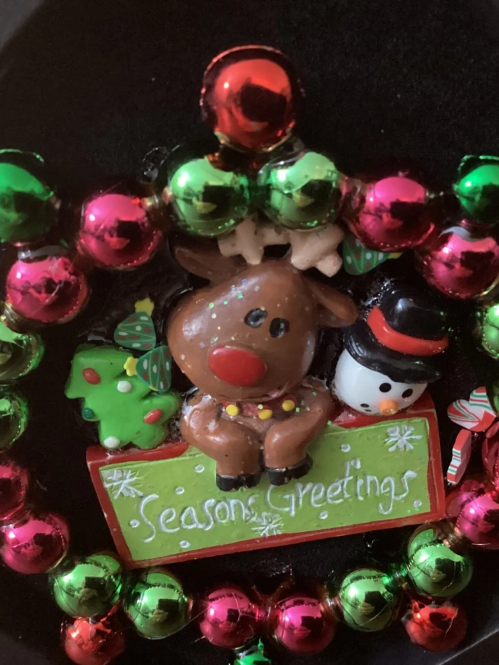 Christmas jewelry art Santa snowmen ornaments tree reindeer red green pink gold